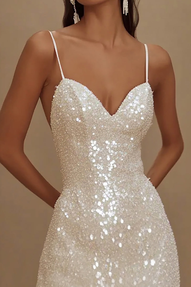 Load image into Gallery viewer, Sequins A Line Spaghetti Straps Little White Dress