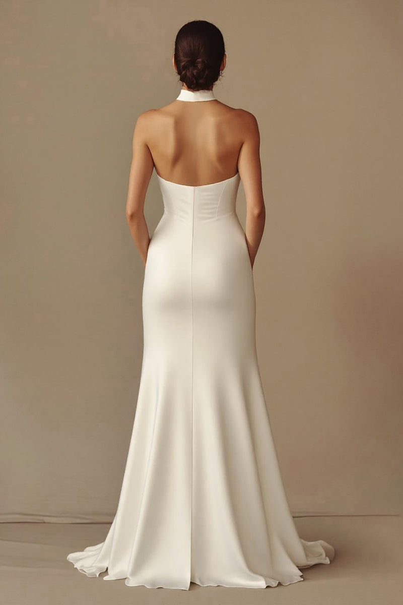 Load image into Gallery viewer, White Sheath Satin Keyhole Long Rehearsal Dinner Dress