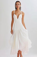 Load image into Gallery viewer, White Pleated A Line Chiffon Long Rehearsal Dinner Dress