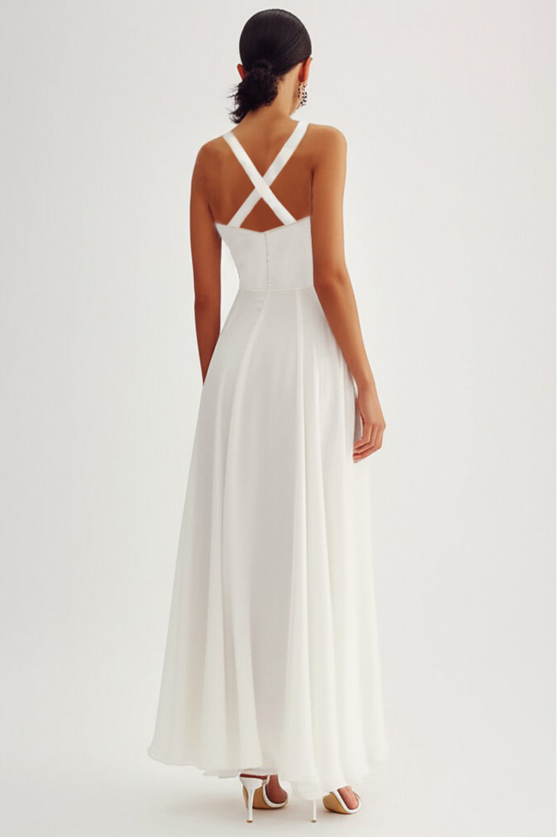 Load image into Gallery viewer, White A Line Chiffon Long Rehearsal Dinner Dress
