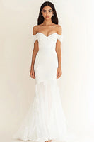 Load image into Gallery viewer, White Off the Shoulder Mermaid Pleated Long Rehearsal Dinner Dress