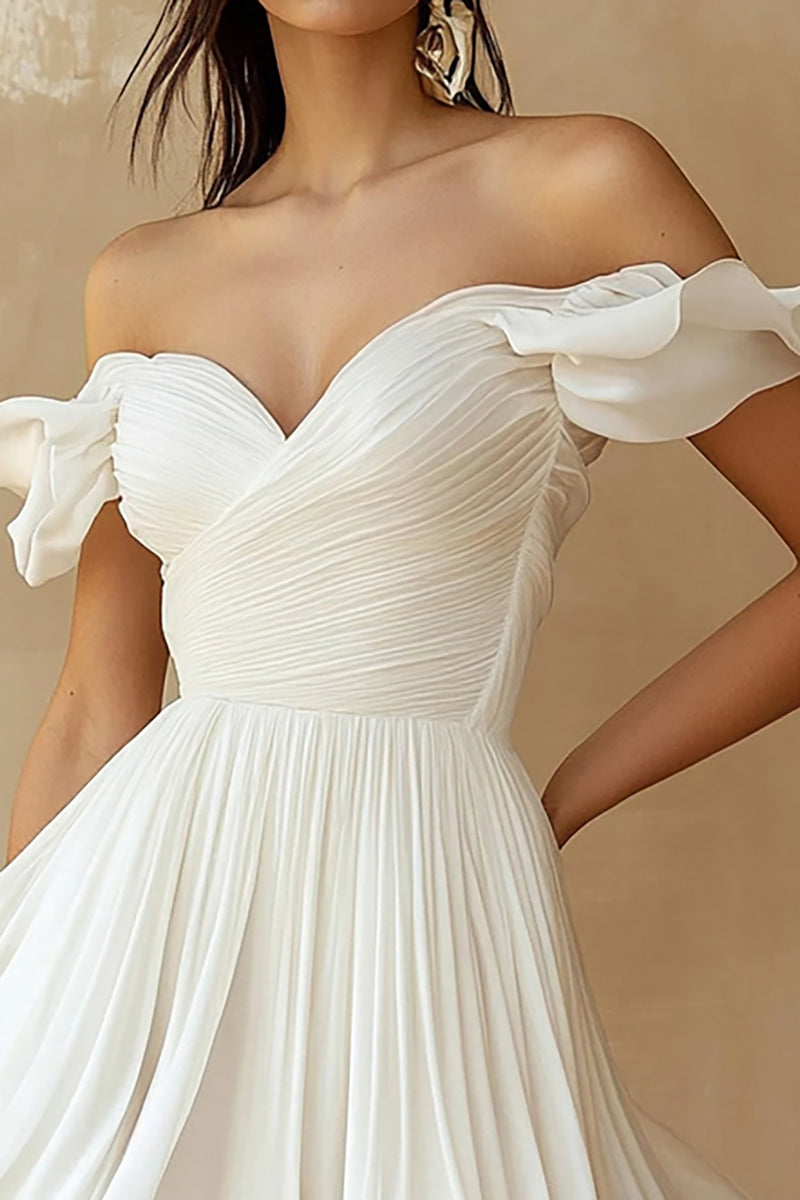 Load image into Gallery viewer, Chiffon A Line Pleated Off the Shoulder Bridal Shower Dress with Ruffles