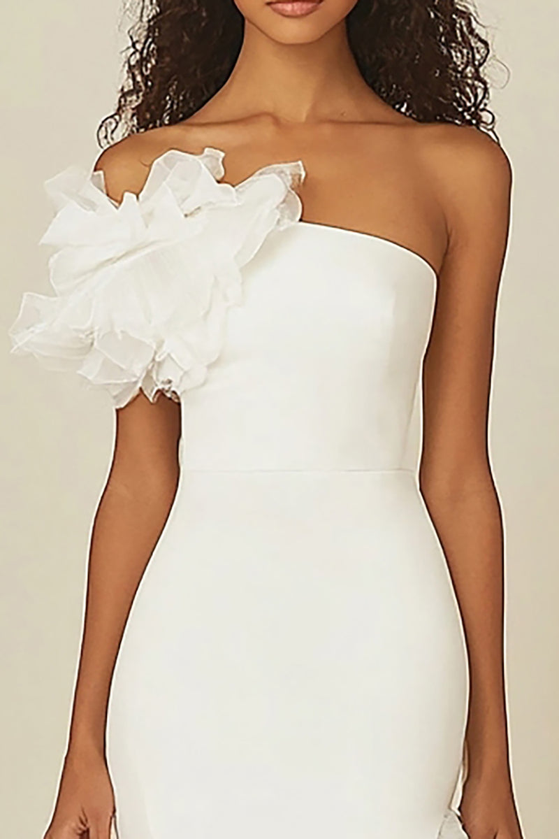 Load image into Gallery viewer, White Sheath Asymmetrical Long Rehearsal Dinner Dress with Ruffles