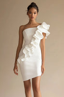 Load image into Gallery viewer, One Shoulder Sheath Little White Dress with Ruffles