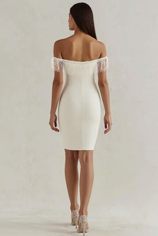 White Satin Bodycon Off the Shoulder Graduation Dress with Fringes