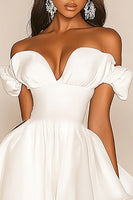 Load image into Gallery viewer, White A Line Off the Shoulder Ruffled Satin Graduation Dress