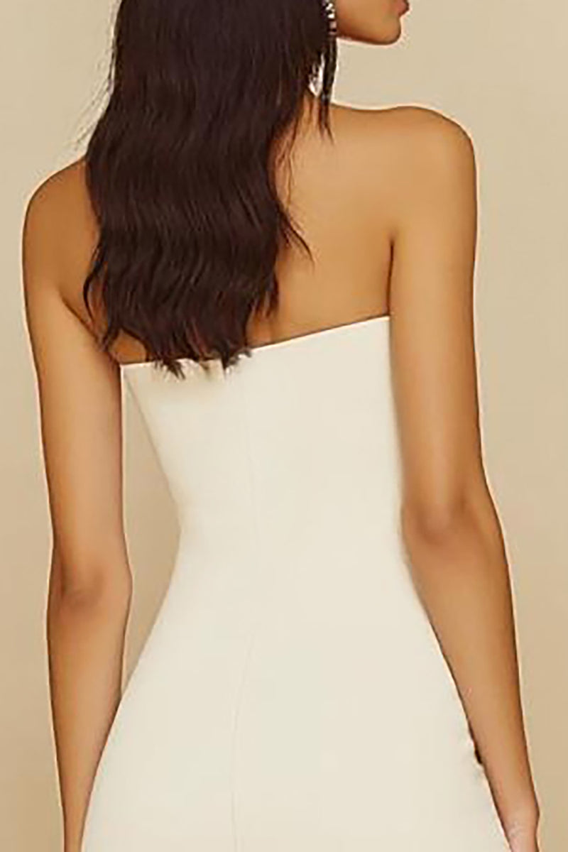 Load image into Gallery viewer, White Strapless Bodycon Satin Asymmetrical Graduation Dress