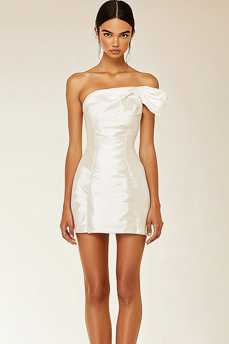 Load image into Gallery viewer, White Satin Bodycon One Shoulder Graduation Dress