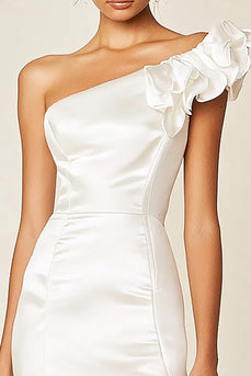 White Satin Bodycon One Shoulder Graduation Dress with Ruffles