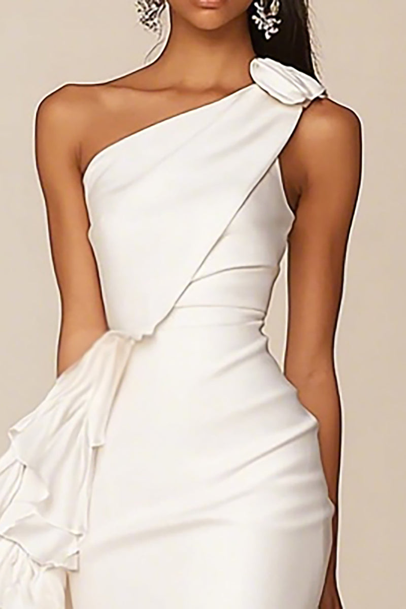 Load image into Gallery viewer, White Satin Bodycon Ruffled Ruched One Shoulder Bridal Shower Dress
