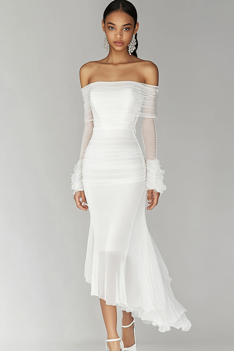 Load image into Gallery viewer, White Chiffon Long Rehearsal Dinner Dress with Sleeves Mermaid Ruffled Off the Shoulder Engagement Dress