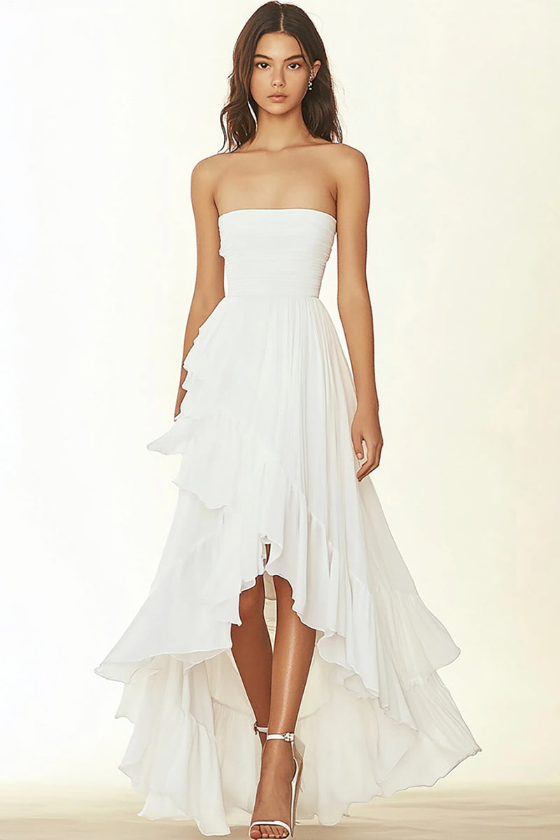 Load image into Gallery viewer, White A Line Chiffon Ruffled Asymmetrical High Low Graduation Dress