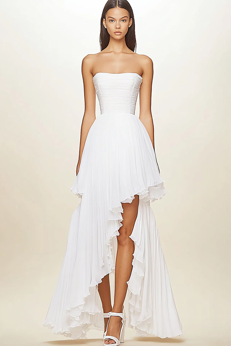 Load image into Gallery viewer, White Pleated Chiffon A Line High Low Graduation Dress with Ruffles