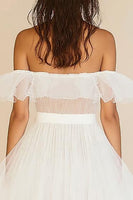 Load image into Gallery viewer, White Ruffled A Line Off the Shoulder Tulle Graduation Dress