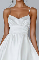Load image into Gallery viewer, White A Line Spaghetti Straps Satin Graduation Dress