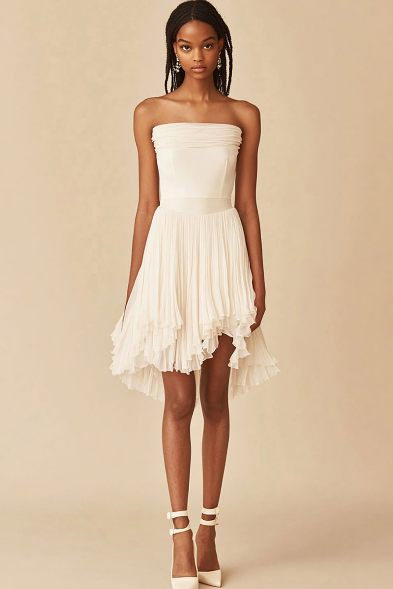strapless white graduation dresses Queendancer Women White Chiffon Pleated Strapless Graduation Dress A Line  Short Bridal Shower Dress – queendancer