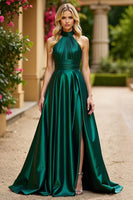 Load image into Gallery viewer, Dark Green Satin A Line Long Prom Dress with Slit