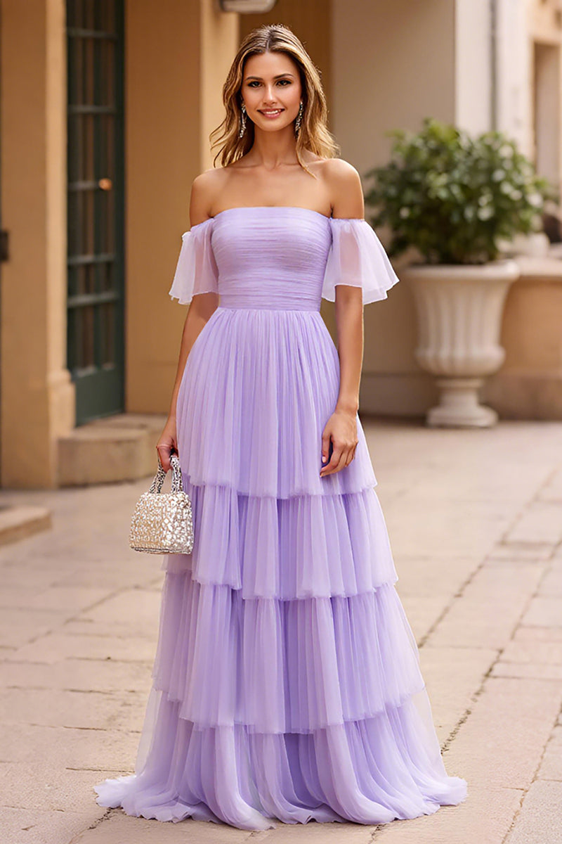 Load image into Gallery viewer, Lilac Chiffon Tiered Pleated A Line Long Prom Dress