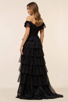 Chiffon A Line Tiered Long Black Tie Dress with Slit