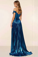 Load image into Gallery viewer, Peacock Blue A Line Satin Pleated Off the Shoulder Long Prom Dress