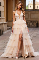 Load image into Gallery viewer, Pink Tulle Ball Gown Tiered Long Prom Dress with Lace