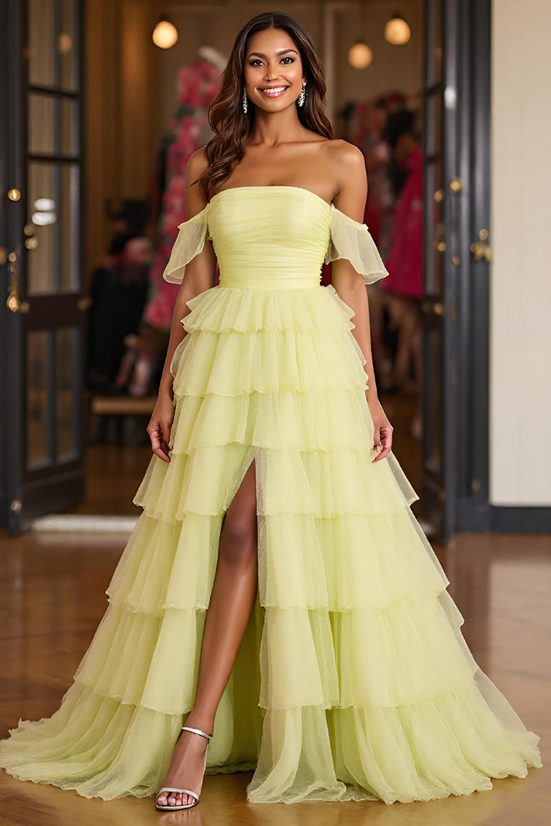 Load image into Gallery viewer, Lemon Yellow Tulle Ball Gown Tiered Long Prom Dress with Slit