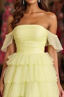 Load image into Gallery viewer, Lemon Yellow Tulle Ball Gown Tiered Long Prom Dress with Slit