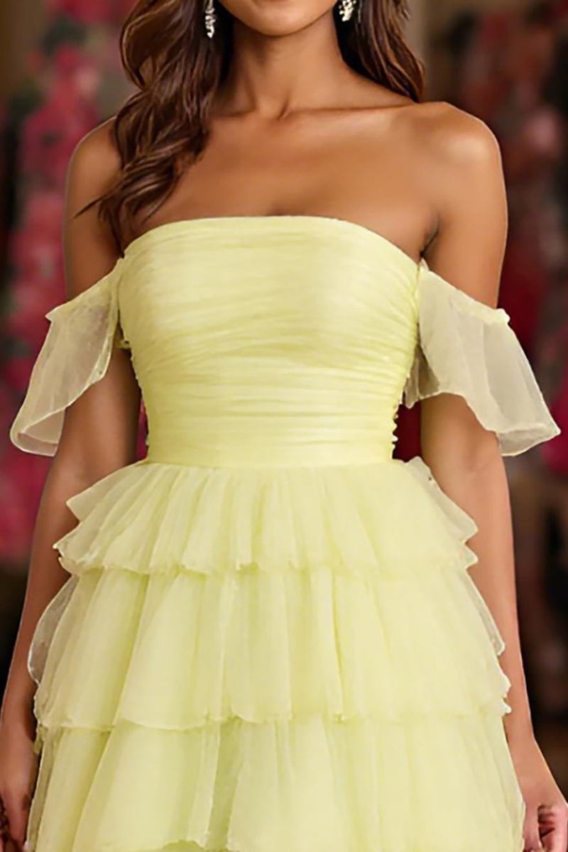 Load image into Gallery viewer, Lemon Yellow Tulle Ball Gown Tiered Long Prom Dress with Slit