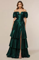 Load image into Gallery viewer, Dark Green A Line Pleated Tiered Long Prom Dress with Slit