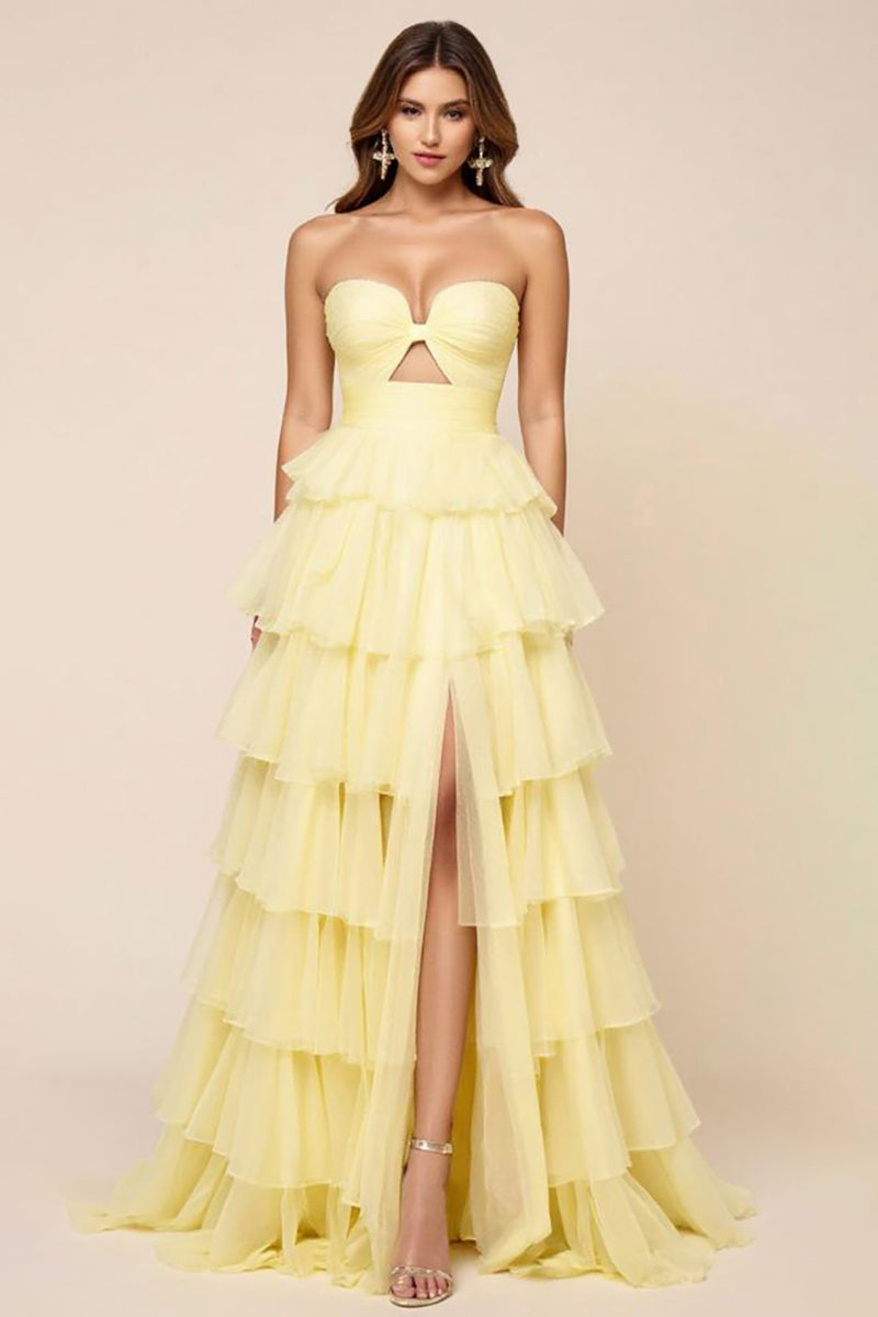 Load image into Gallery viewer, Daffodil Ball Gown Tulle Keyhole Long Prom Dress with Slit
