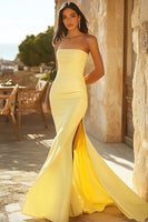 Load image into Gallery viewer, Yellow Satin Mermaid Strapless Long Prom Dress with Slit