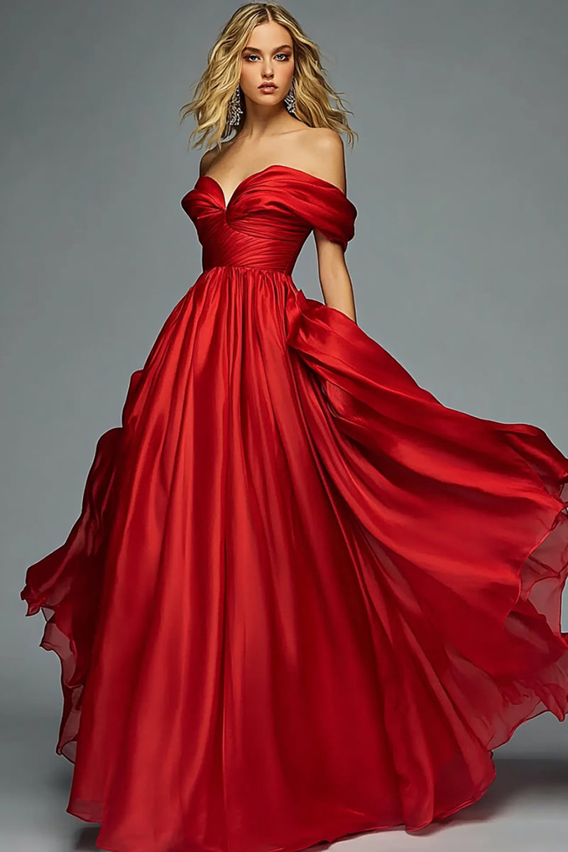 Load image into Gallery viewer, Red Satin A Line Pleated Ruched Long Prom Dress