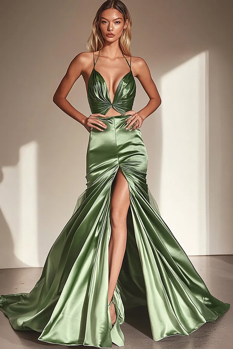 Load image into Gallery viewer, Dusty Sage Mermaid Satin Cut-Out Long Prom Dress with Slit