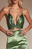 Load image into Gallery viewer, Dusty Sage Mermaid Satin Cut-Out Long Prom Dress with Slit