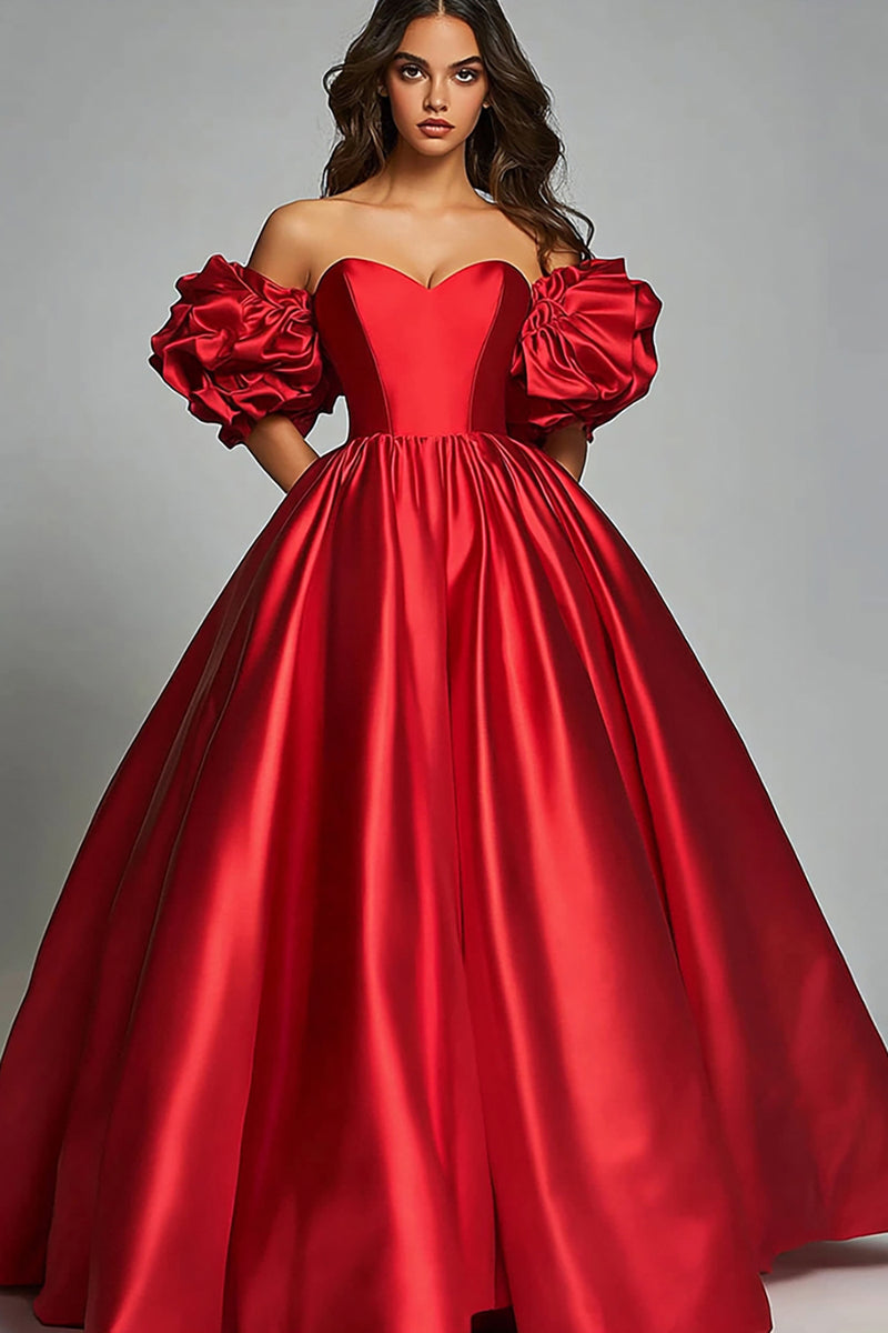 Load image into Gallery viewer, Red Satin Ball Gown Ruffled Long Prom Dress