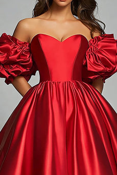 Red Satin Ball Gown Ruffled Long Prom Dress
