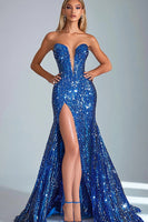 Load image into Gallery viewer, Sparkly Royal Blue Sequins Mermaid Long Prom Dress with Slit