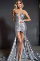 Load image into Gallery viewer, Sparkly Silver Sequins Mermaid High Low Prom Dress