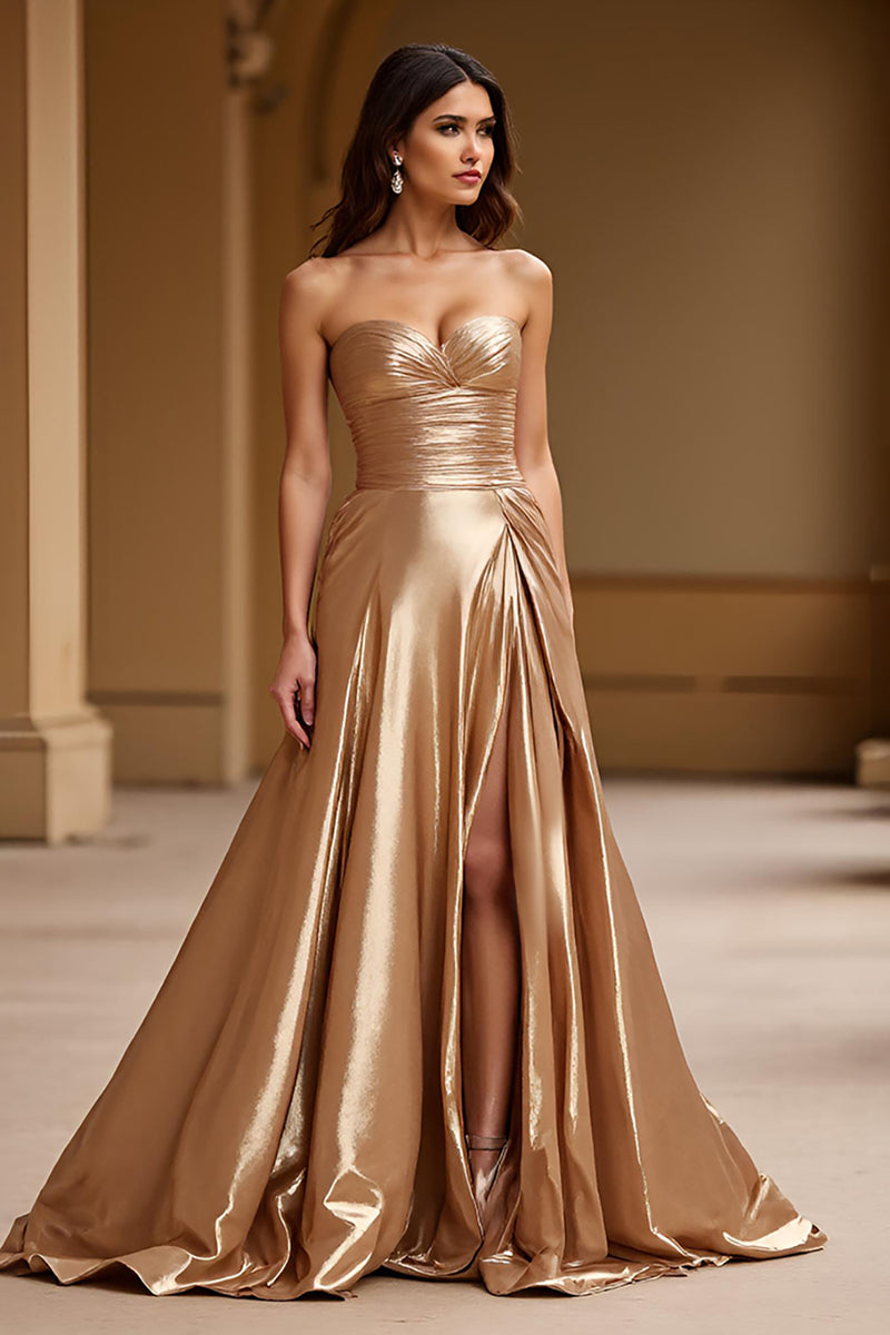 Load image into Gallery viewer, Metallic Gold A Line Sweetheart Long Prom Dress with Slit