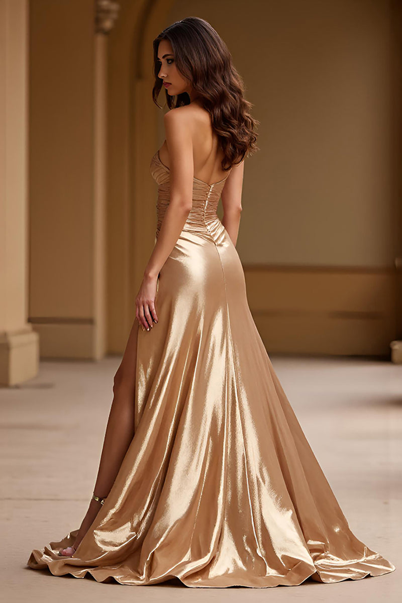 Load image into Gallery viewer, Metallic Gold A Line Sweetheart Long Prom Dress with Slit