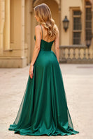 Load image into Gallery viewer, Dark Green A Line Satin Spaghetti Straps Long Prom Dress with Slit