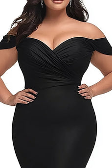 Black Mermaid Satin Off the Shoulder Ruched Plus Size Prom Dress