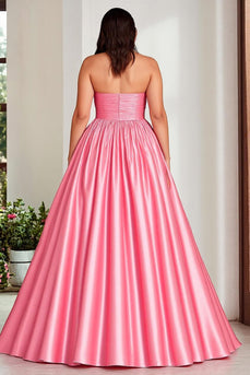 Pink A Line Strapless Pleated Plus Size Prom Dress with Slit
