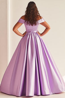 Simple Lilac A Line Satin Off the Shoulder Plus Size Prom Dress
