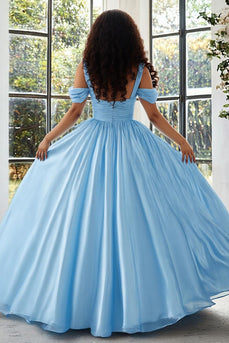 Sky Blue Cold Shoulder Satin A Line Plus Size Prom Dress