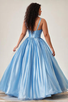 Sky Blue Keyhole Spaghetti Straps Ruched A Line Plus Size Prom Dress