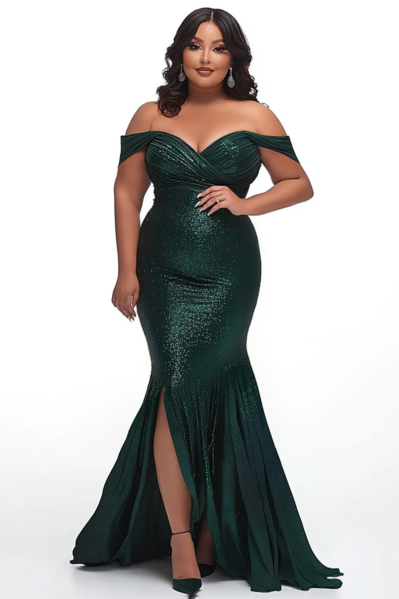 Queendancer Women Dark Green Plus Size Long Prom Dress with Sequins