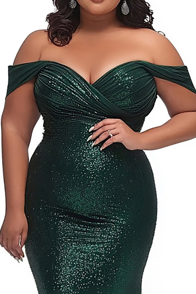 Queendancer Women Dark Green Plus Size Long Prom Dress with Sequins
