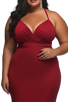 Red Satin Spaghetti Straps Sheath Ruched Plus Size Prom Dress