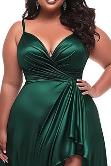 Dark Green Satin Spaghetti Straps Plus Size Ruched Prom Dress